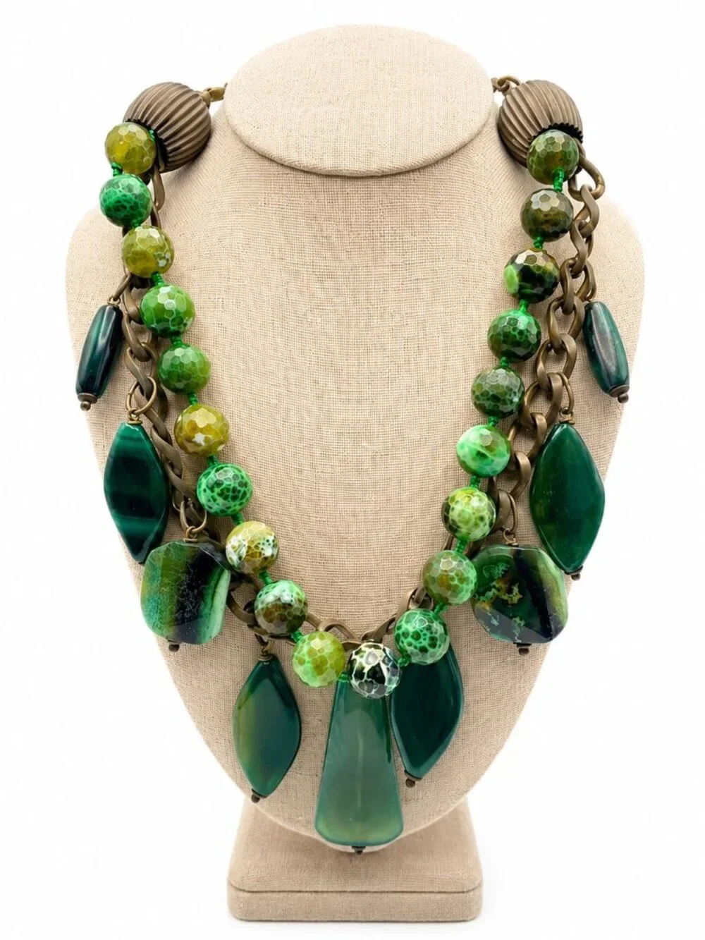 Jan Michaels San Francisco Green Agate Statement Necklace Artisan Brass